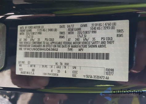 2017 Ford Escape Se из США, поврежденный, VIN 1FMCU9GD9HUD63802